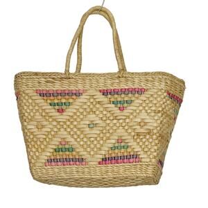 Vintage Woven Painted Straw Tote Handbag Tan Pink Blue
